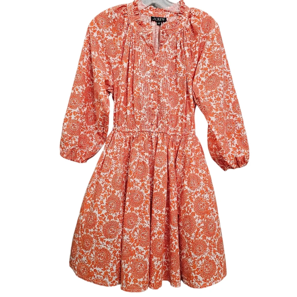 Nwot J.Crew Orange White Floral LS Ruffled Neck Fit/Flare Button Front  Dress